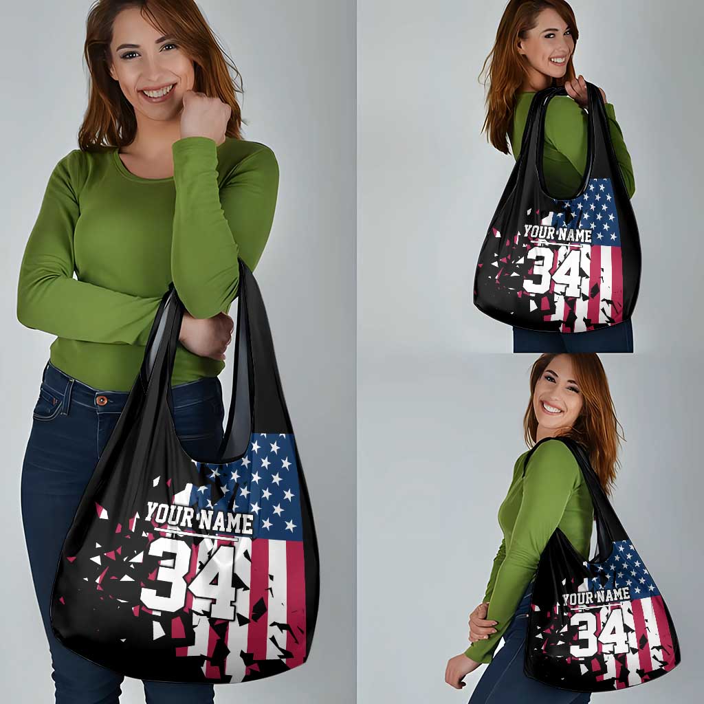 Personalized Dirt Bike Racing Grocery Bag Shattered American Flag and Race Checkered Patch Graphic in Red White and Blue - Wonder Print Shop