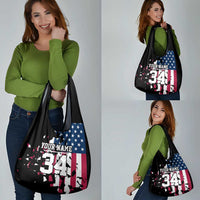 Personalized Dirt Bike Racing Grocery Bag Shattered American Flag and Race Checkered Patch Graphic in Red White and Blue - Wonder Print Shop
