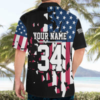 Personalized Dirt Bike Racing Hawaiian Shirt Shattered American Flag and Race Checkered Patch Graphic in Red White and Blue - Wonder Print Shop
