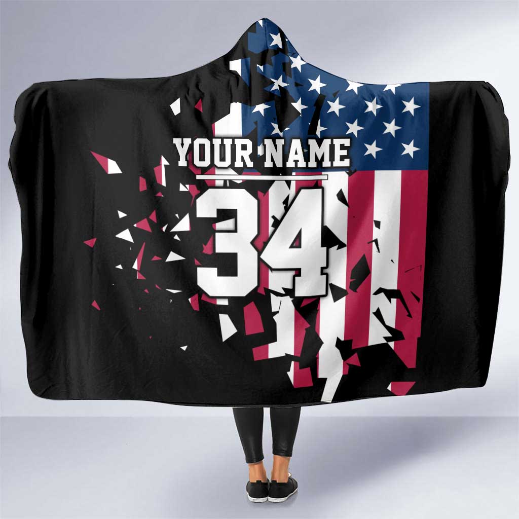 Personalized Dirt Bike Racing Hooded Blanket Shattered American Flag and Race Checkered Patch Graphic in Red White and Blue - Wonder Print Shop
