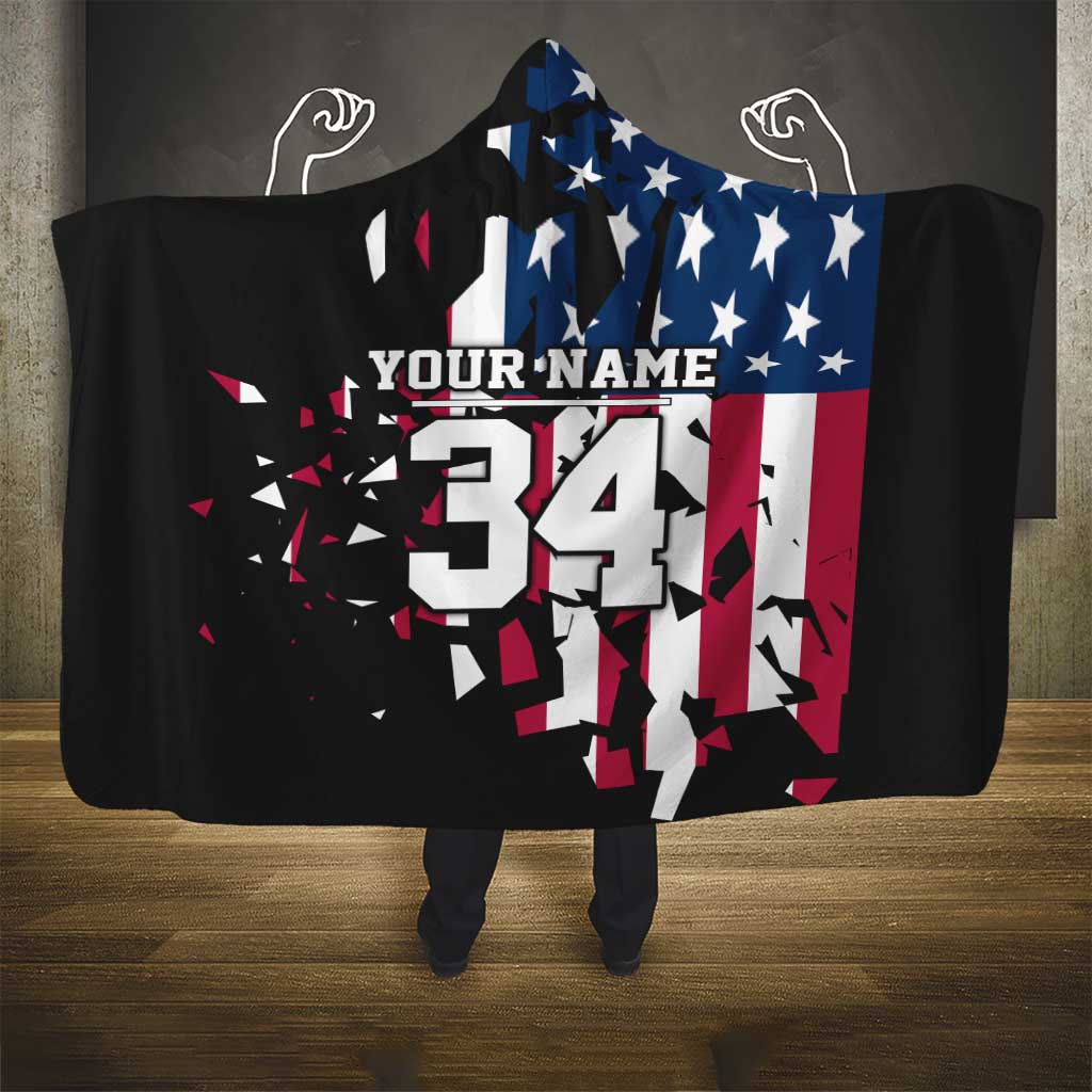 Personalized Dirt Bike Racing Hooded Blanket Shattered American Flag and Race Checkered Patch Graphic in Red White and Blue - Wonder Print Shop