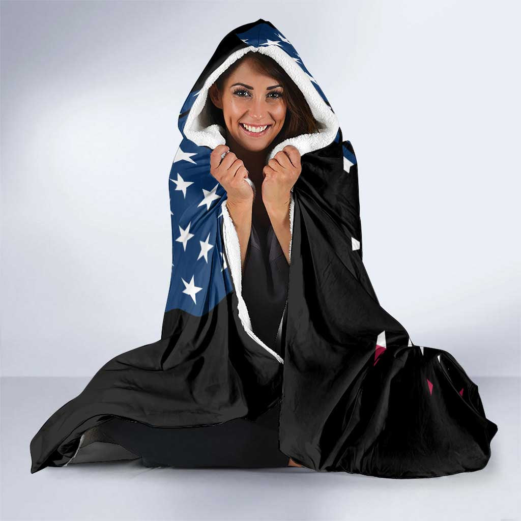Personalized Dirt Bike Racing Hooded Blanket Shattered American Flag and Race Checkered Patch Graphic in Red White and Blue - Wonder Print Shop