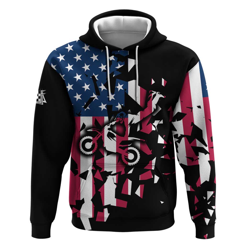 Personalized Dirt Bike Racing Hoodie Shattered American Flag and Race Checkered Patch Graphic in Red White and Blue - Wonder Print Shop