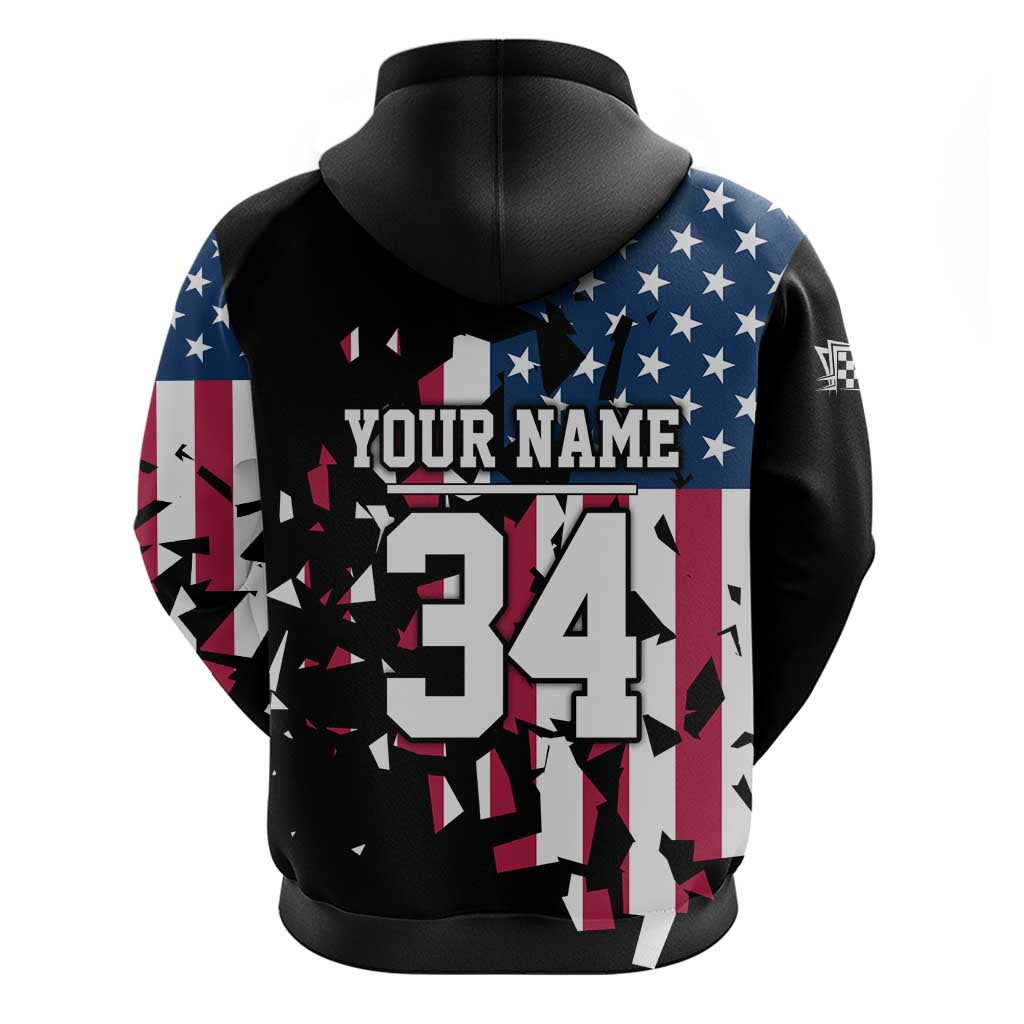 Personalized Dirt Bike Racing Hoodie Shattered American Flag and Race Checkered Patch Graphic in Red White and Blue - Wonder Print Shop
