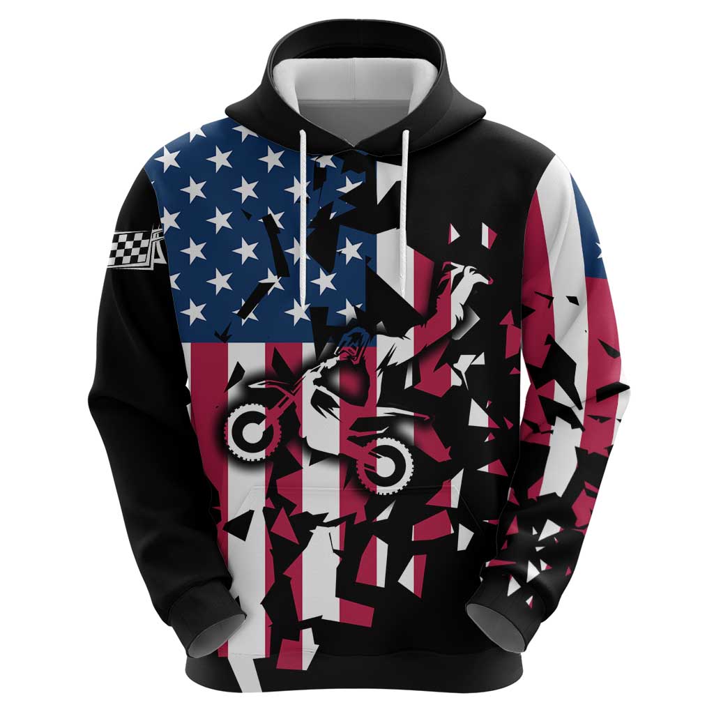 Personalized Dirt Bike Racing Hoodie Shattered American Flag and Race Checkered Patch Graphic in Red White and Blue - Wonder Print Shop