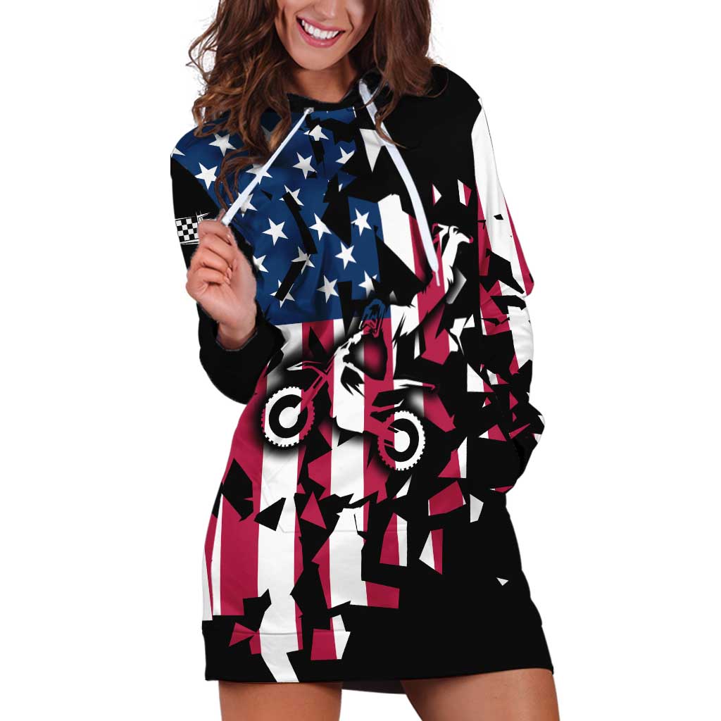 Personalized Dirt Bike Racing Hoodie Dress Shattered American Flag and Race Checkered Patch Graphic in Red White and Blue - Wonder Print Shop