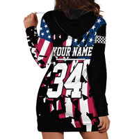 Personalized Dirt Bike Racing Hoodie Dress Shattered American Flag and Race Checkered Patch Graphic in Red White and Blue - Wonder Print Shop