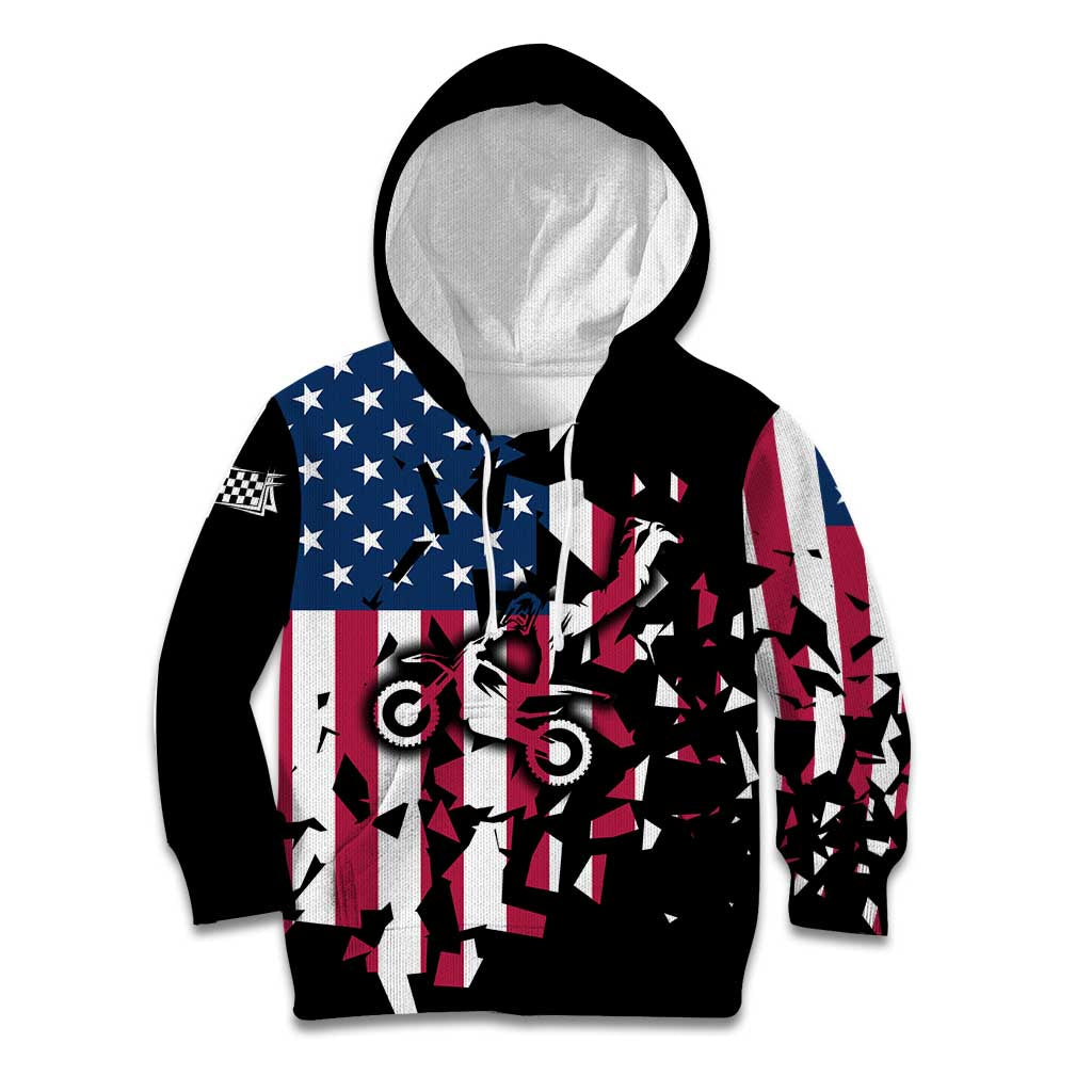 Personalized Dirt Bike Racing Kid Hoodie Shattered American Flag and Race Checkered Patch Graphic in Red White and Blue - Wonder Print Shop