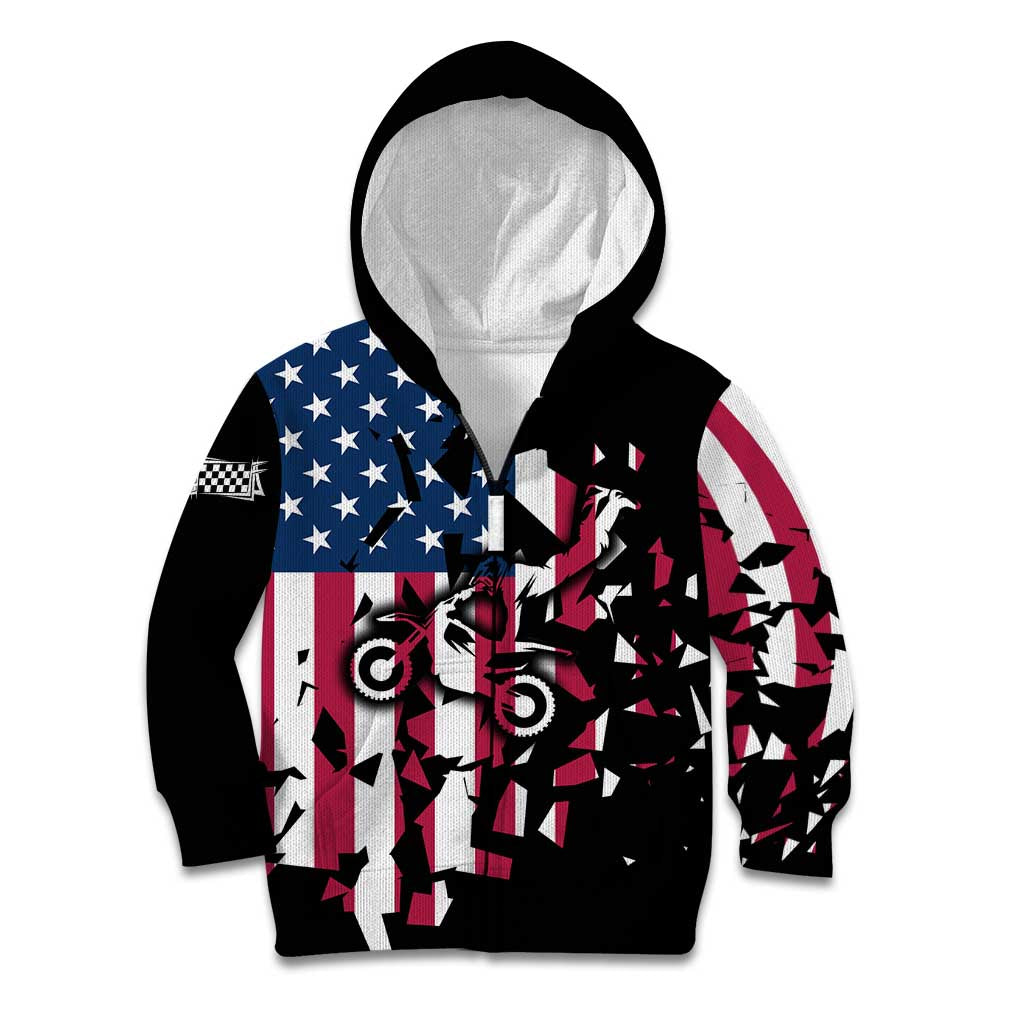 Personalized Dirt Bike Racing Kid Hoodie Shattered American Flag and Race Checkered Patch Graphic in Red White and Blue - Wonder Print Shop
