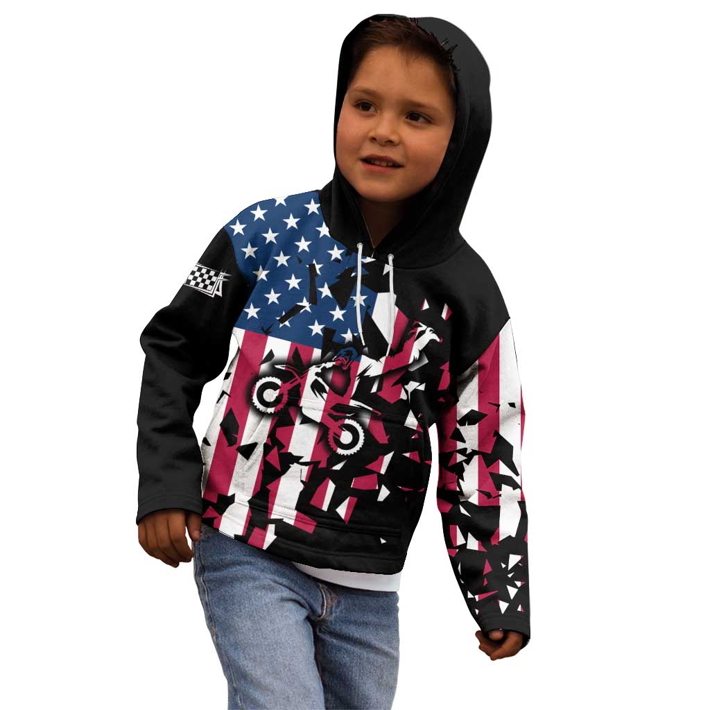 Personalized Dirt Bike Racing Kid Hoodie Shattered American Flag and Race Checkered Patch Graphic in Red White and Blue - Wonder Print Shop