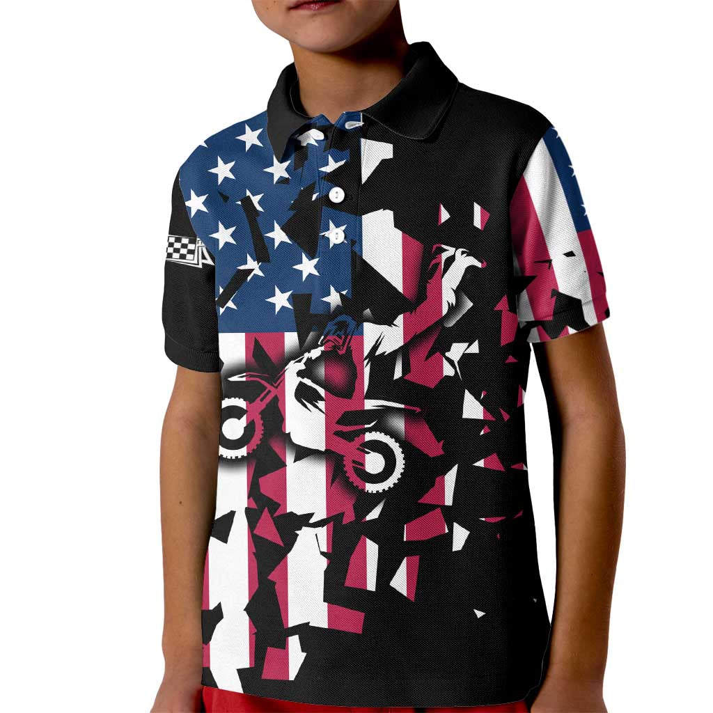 Personalized Dirt Bike Racing Kid Polo Shirt Shattered American Flag and Race Checkered Patch Graphic in Red White and Blue - Wonder Print Shop
