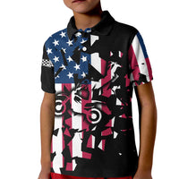 Personalized Dirt Bike Racing Kid Polo Shirt Shattered American Flag and Race Checkered Patch Graphic in Red White and Blue - Wonder Print Shop