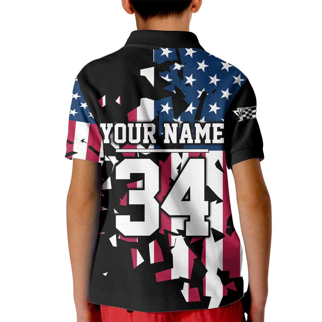 Personalized Dirt Bike Racing Kid Polo Shirt Shattered American Flag and Race Checkered Patch Graphic in Red White and Blue - Wonder Print Shop