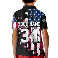 Personalized Dirt Bike Racing Kid Polo Shirt Shattered American Flag and Race Checkered Patch Graphic in Red White and Blue - Wonder Print Shop