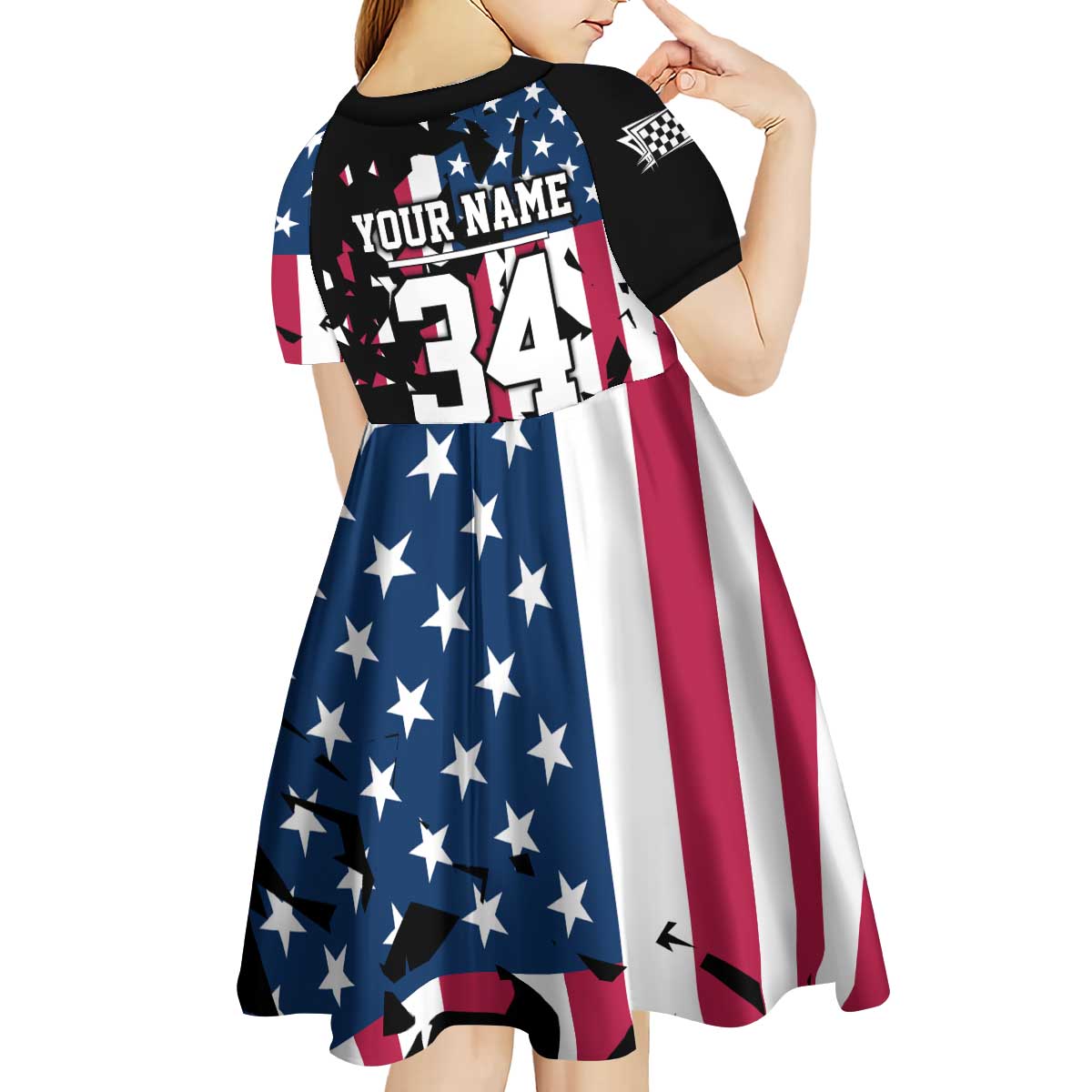 Personalized Dirt Bike Racing Kid Short Sleeve Dress Shattered American Flag and Race Checkered Patch Graphic in Red White and Blue - Wonder Print Shop
