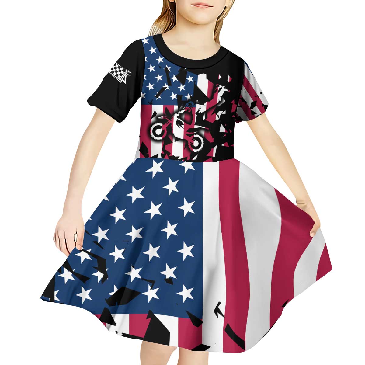 Personalized Dirt Bike Racing Kid Short Sleeve Dress Shattered American Flag and Race Checkered Patch Graphic in Red White and Blue - Wonder Print Shop