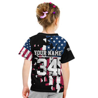 Personalized Dirt Bike Racing Kid T Shirt Shattered American Flag and Race Checkered Patch Graphic in Red White and Blue - Wonder Print Shop