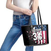 Personalized Dirt Bike Racing Leather Tote Bag Shattered American Flag and Race Checkered Patch Graphic in Red White and Blue - Wonder Print Shop