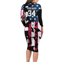 Personalized Dirt Bike Racing Long Sleeve Bodycon Dress Shattered American Flag and Race Checkered Patch Graphic in Red White and Blue - Wonder Print Shop