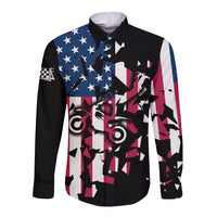 Personalized Dirt Bike Racing Long Sleeve Button Shirt Shattered American Flag and Race Checkered Patch Graphic in Red White and Blue - Wonder Print Shop
