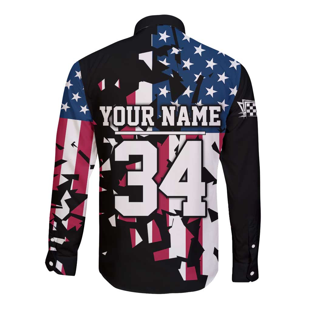 Personalized Dirt Bike Racing Long Sleeve Button Shirt Shattered American Flag and Race Checkered Patch Graphic in Red White and Blue - Wonder Print Shop