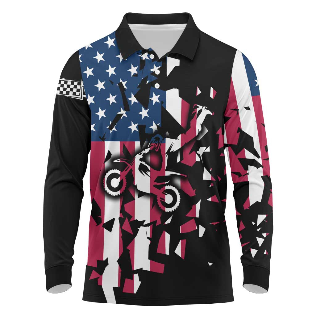 Personalized Dirt Bike Racing Long Sleeve Polo Shirt Shattered American Flag and Race Checkered Patch Graphic in Red White and Blue - Wonder Print Shop
