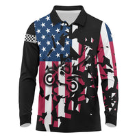 Personalized Dirt Bike Racing Long Sleeve Polo Shirt Shattered American Flag and Race Checkered Patch Graphic in Red White and Blue - Wonder Print Shop
