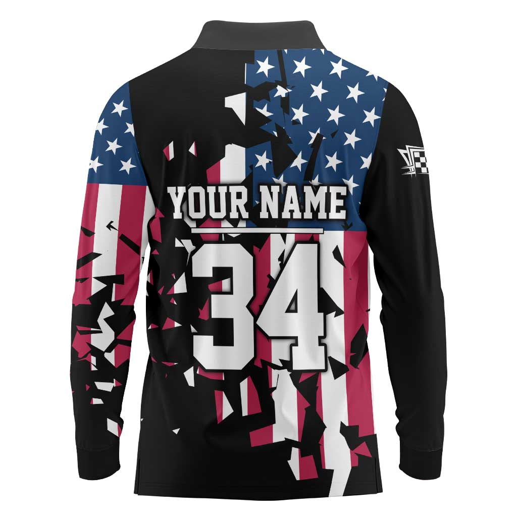 Personalized Dirt Bike Racing Long Sleeve Polo Shirt Shattered American Flag and Race Checkered Patch Graphic in Red White and Blue - Wonder Print Shop