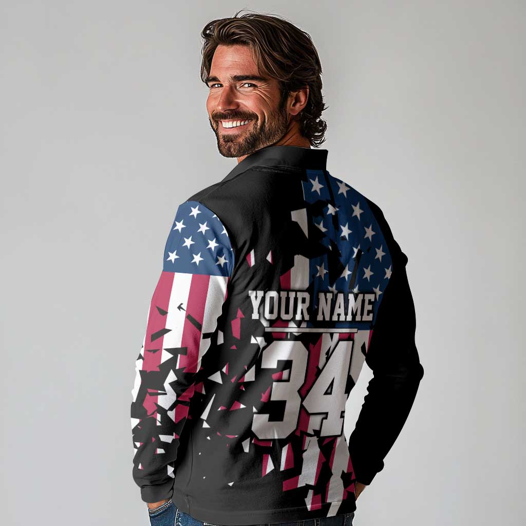 Personalized Dirt Bike Racing Long Sleeve Polo Shirt Shattered American Flag and Race Checkered Patch Graphic in Red White and Blue - Wonder Print Shop