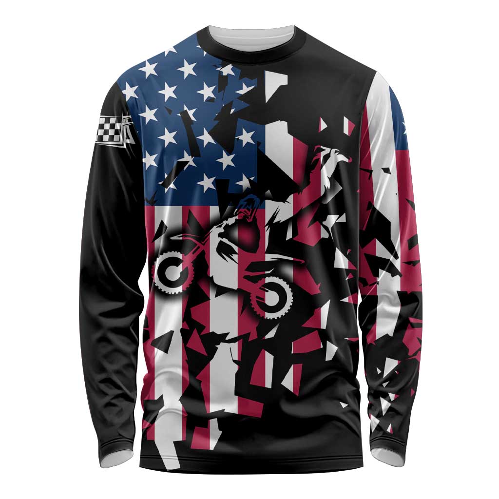 Personalized Dirt Bike Racing Long Sleeve Shirt Shattered American Flag and Race Checkered Patch Graphic in Red White and Blue - Wonder Print Shop