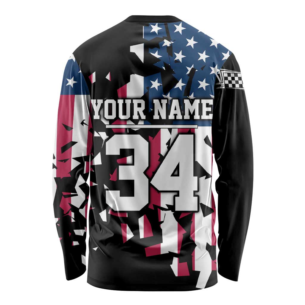 Personalized Dirt Bike Racing Long Sleeve Shirt Shattered American Flag and Race Checkered Patch Graphic in Red White and Blue - Wonder Print Shop