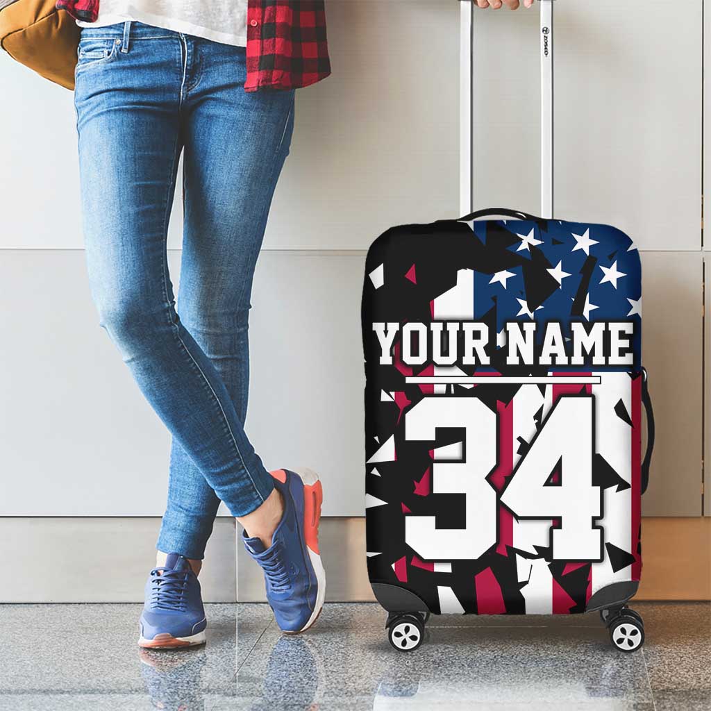 Personalized Dirt Bike Racing Luggage Cover Shattered American Flag and Race Checkered Patch Graphic in Red White and Blue - Wonder Print Shop