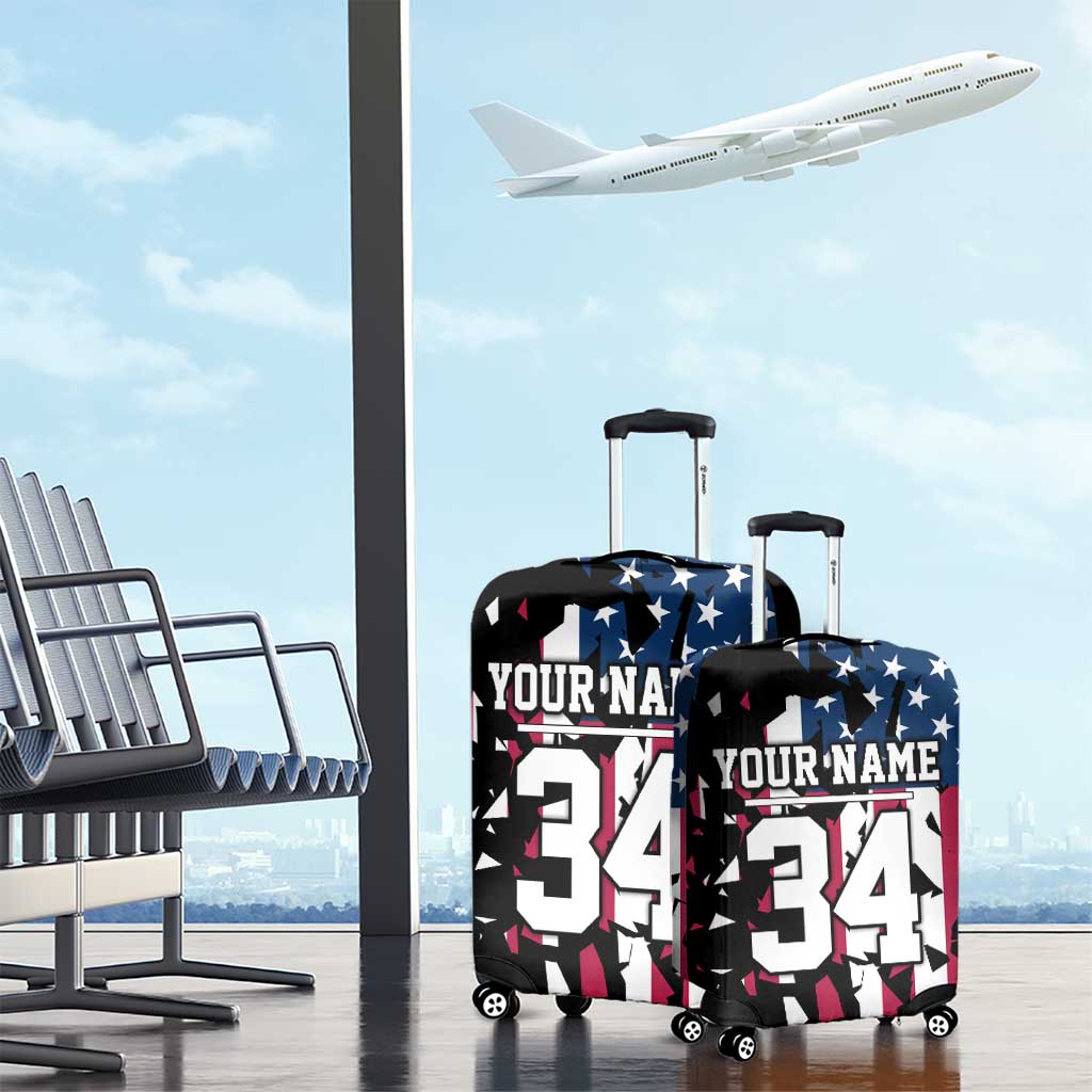 Personalized Dirt Bike Racing Luggage Cover Shattered American Flag and Race Checkered Patch Graphic in Red White and Blue - Wonder Print Shop