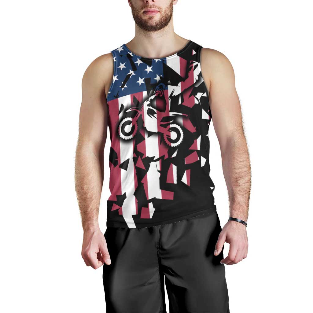 Personalized Dirt Bike Racing Men Tank Top Shattered American Flag and Race Checkered Patch Graphic in Red White and Blue - Wonder Print Shop