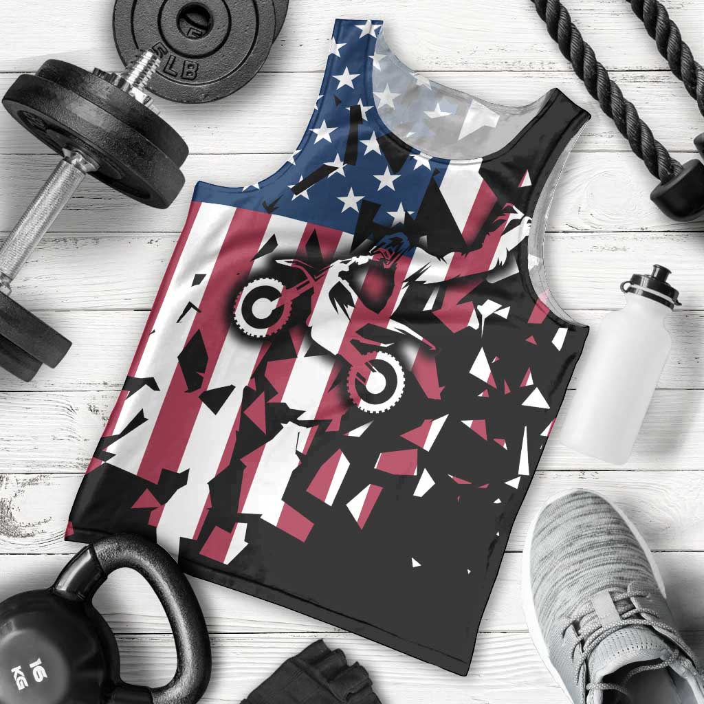 Personalized Dirt Bike Racing Men Tank Top Shattered American Flag and Race Checkered Patch Graphic in Red White and Blue - Wonder Print Shop