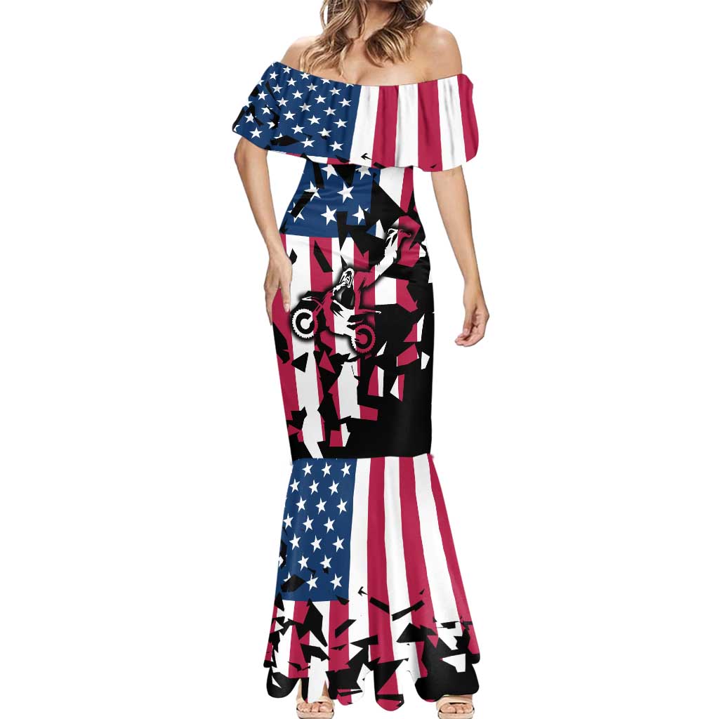 Personalized Dirt Bike Racing Mermaid Dress Shattered American Flag and Race Checkered Patch Graphic in Red White and Blue - Wonder Print Shop