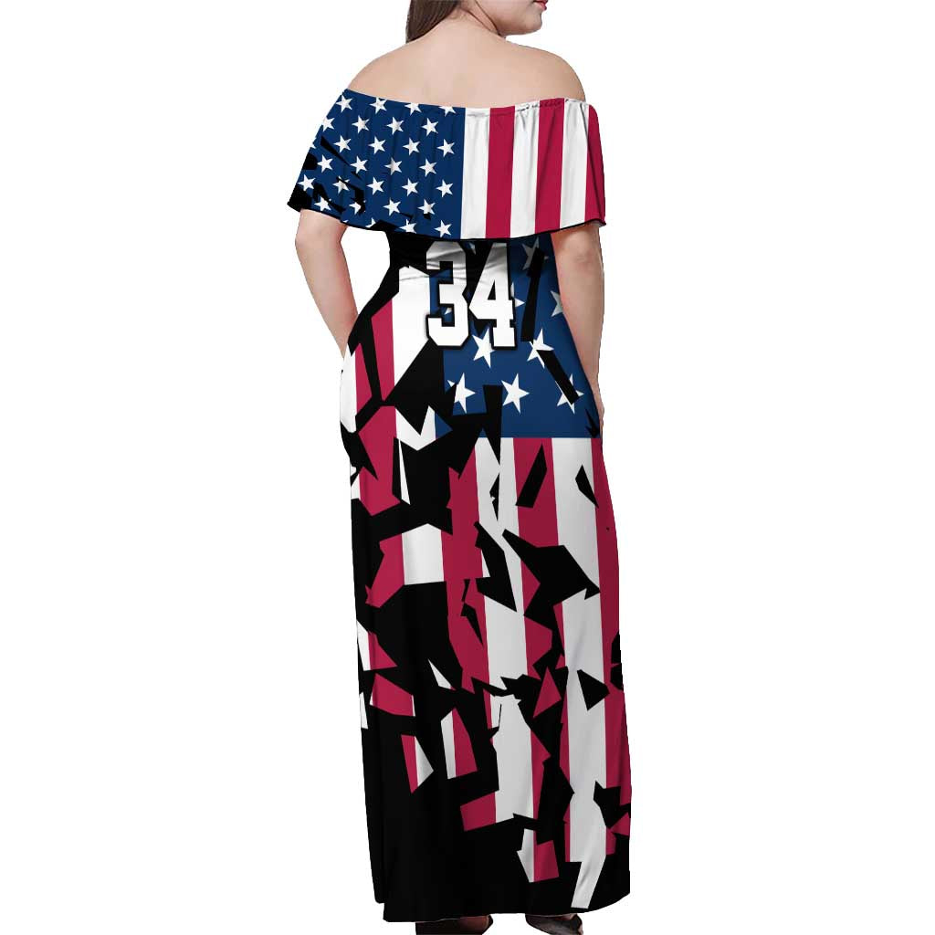 Personalized Dirt Bike Racing Off Shoulder Maxi Dress Shattered American Flag and Race Checkered Patch Graphic in Red White and Blue - Wonder Print Shop