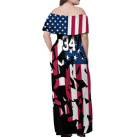 Personalized Dirt Bike Racing Off Shoulder Maxi Dress Shattered American Flag and Race Checkered Patch Graphic in Red White and Blue - Wonder Print Shop