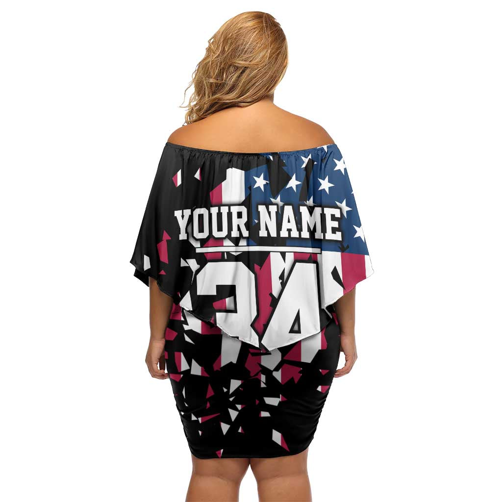 Personalized Dirt Bike Racing Off Shoulder Short Dress Shattered American Flag and Race Checkered Patch Graphic in Red White and Blue - Wonder Print Shop
