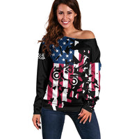 Personalized Dirt Bike Racing Off Shoulder Sweater Shattered American Flag and Race Checkered Patch Graphic in Red White and Blue - Wonder Print Shop