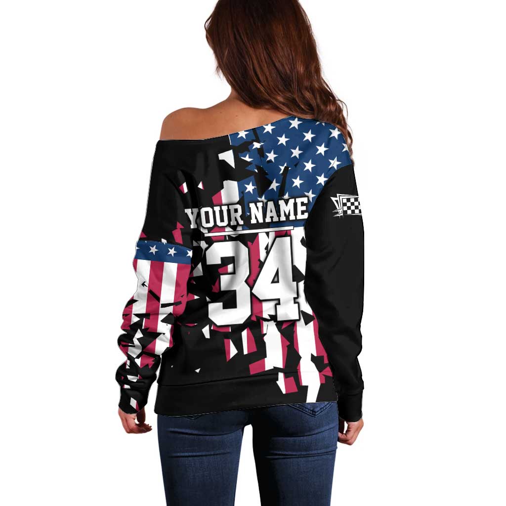 Personalized Dirt Bike Racing Off Shoulder Sweater Shattered American Flag and Race Checkered Patch Graphic in Red White and Blue - Wonder Print Shop