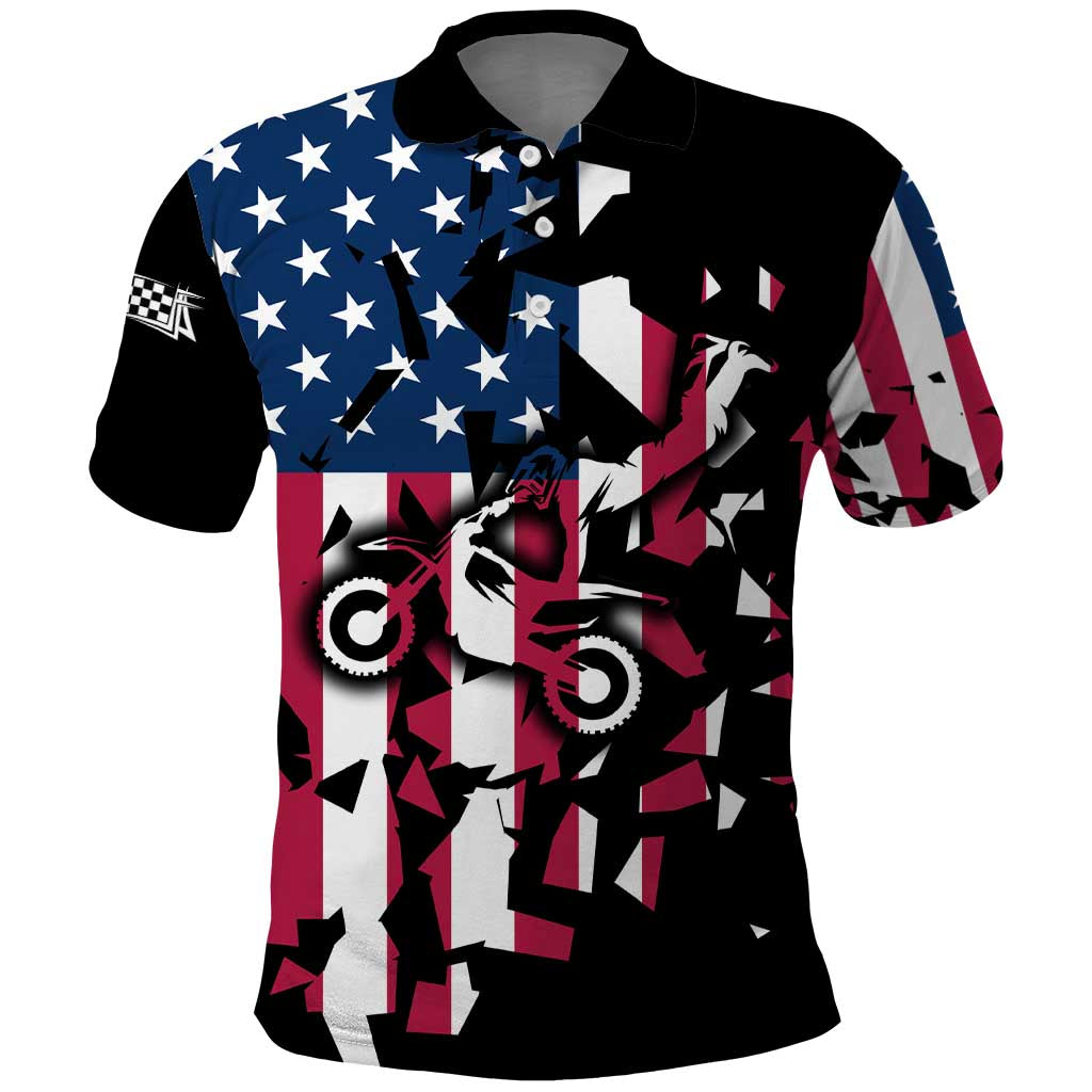 Personalized Dirt Bike Racing Polo Shirt Shattered American Flag and Race Checkered Patch Graphic in Red White and Blue - Wonder Print Shop