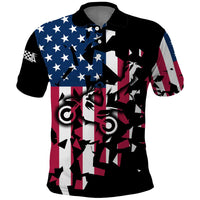 Personalized Dirt Bike Racing Polo Shirt Shattered American Flag and Race Checkered Patch Graphic in Red White and Blue - Wonder Print Shop