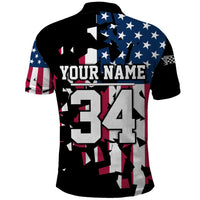 Personalized Dirt Bike Racing Polo Shirt Shattered American Flag and Race Checkered Patch Graphic in Red White and Blue - Wonder Print Shop