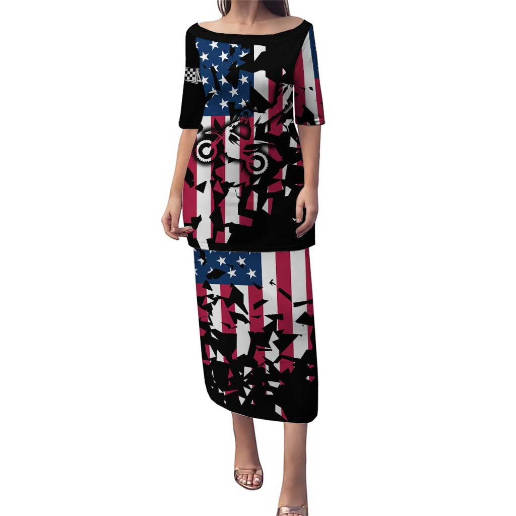Personalized Dirt Bike Racing Puletasi Shattered American Flag and Race Checkered Patch Graphic in Red White and Blue - Wonder Print Shop