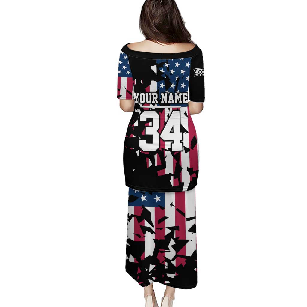 Personalized Dirt Bike Racing Puletasi Shattered American Flag and Race Checkered Patch Graphic in Red White and Blue - Wonder Print Shop