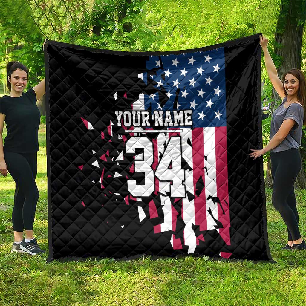 Personalized Dirt Bike Racing Quilt Shattered American Flag and Race Checkered Patch Graphic in Red White and Blue - Wonder Print Shop
