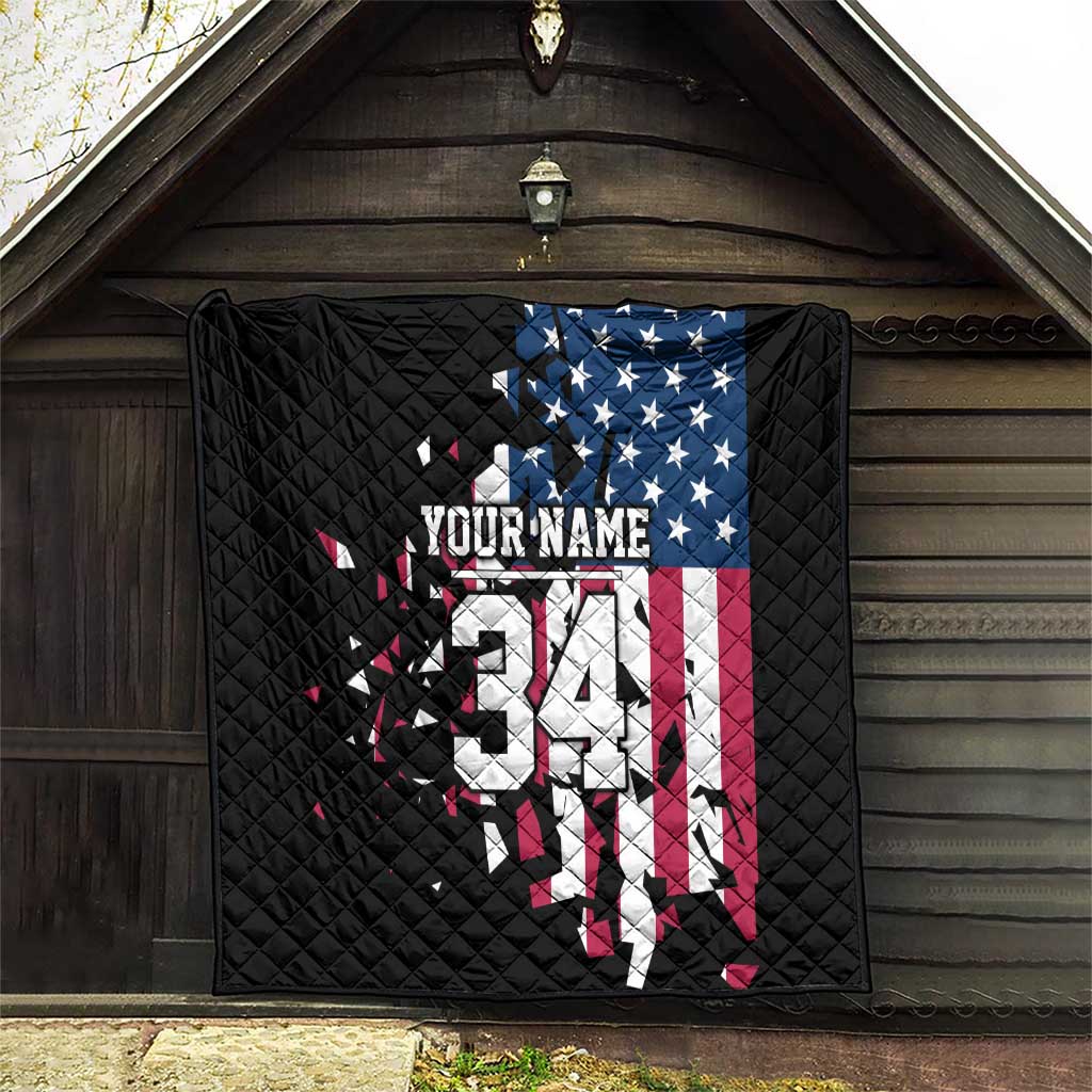 Personalized Dirt Bike Racing Quilt Shattered American Flag and Race Checkered Patch Graphic in Red White and Blue - Wonder Print Shop