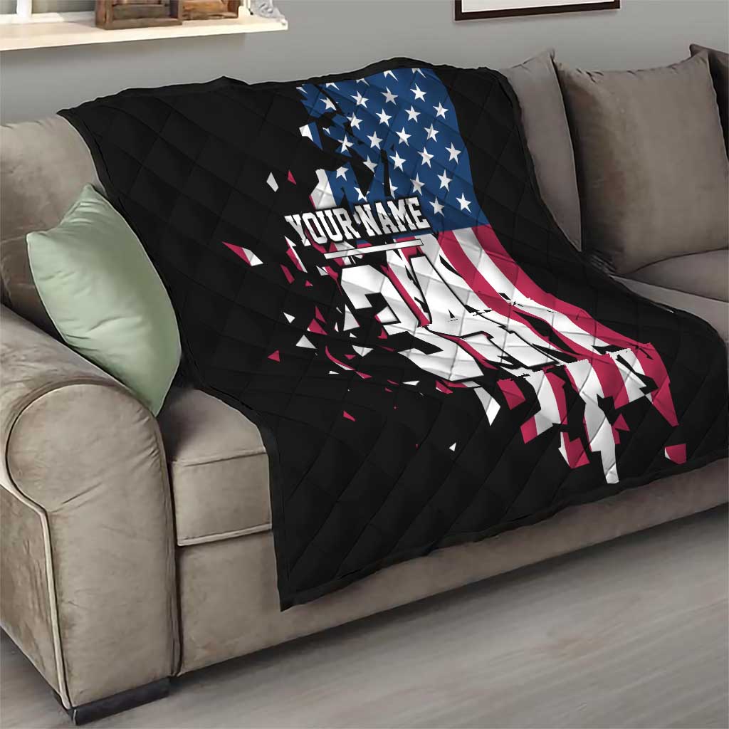 Personalized Dirt Bike Racing Quilt Shattered American Flag and Race Checkered Patch Graphic in Red White and Blue - Wonder Print Shop