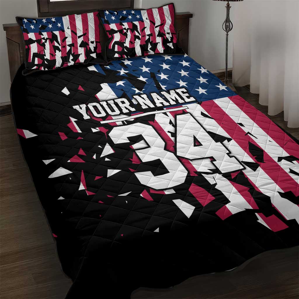 Personalized Dirt Bike Racing Quilt Bed Set Shattered American Flag and Race Checkered Patch Graphic in Red White and Blue - Wonder Print Shop